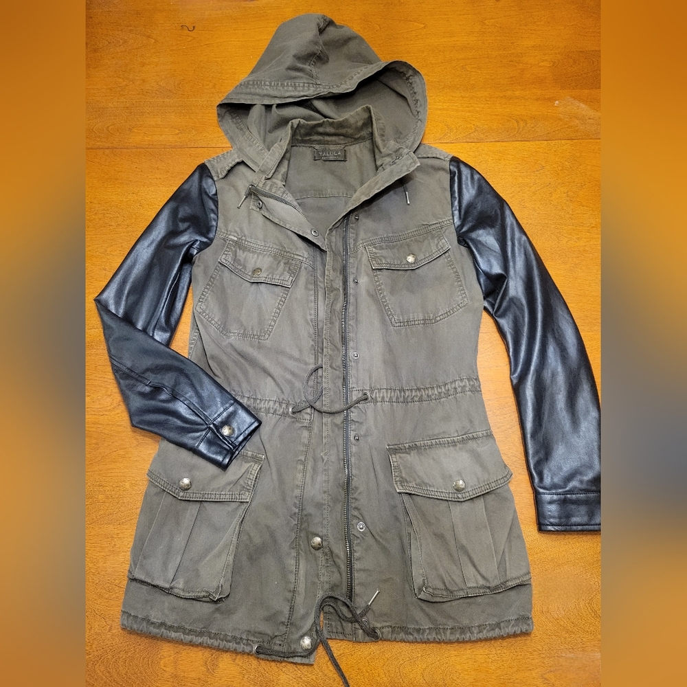Talula Petite Olive and Black Utility Jacket With Soft Faux Leather Sleeves